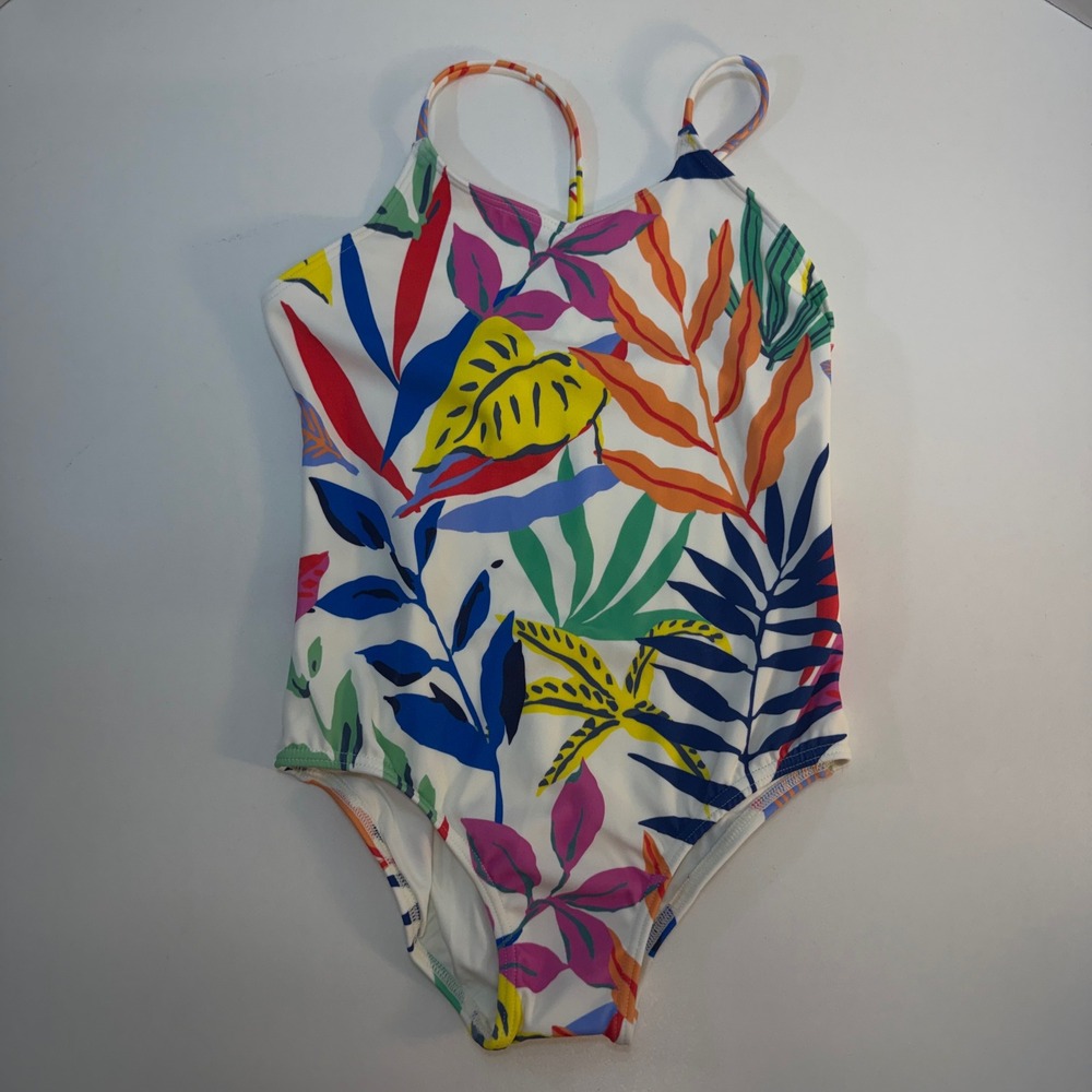 Quince One Piece Swimsuit Girls Size 6 White Tropical Palms Floral Leaf NEW